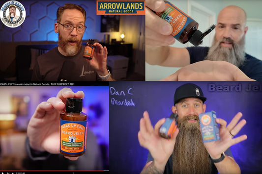 YouTube screenshots of various reviewers talking about Wake Up Call Beard Jelly