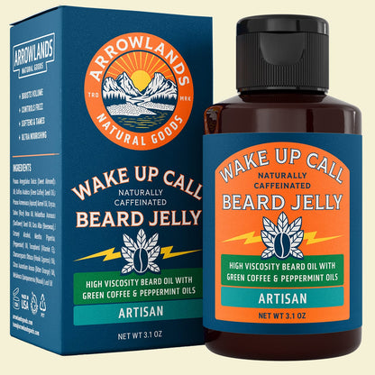 Box and bottle of Wake Up Call Beard Jelly, Artisan scent