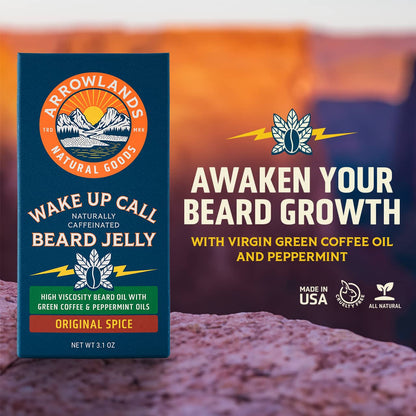 `Wake Up Call` Beard Jelly product box with title: Awaken your beard growth with virgin green coffee oil and peppermint.