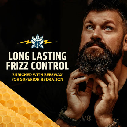 Man grooming beard with text: Long lasting frizz control; enriched with beeswax for superior hydration