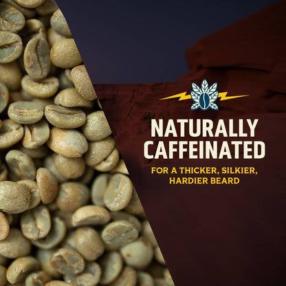 Enlarged view of green coffee beans with text: Naturally caffeinated for a thicker, silkier, hardier beard.